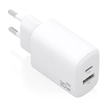 Cargador de Pared GaN Aisens A110-0977- 1xUSB Tipo-C- 1xUSB- 30W- Blanco