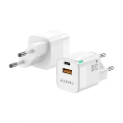 Cargador de Pared GaN Aisens ASCH-20W2P002-W- 1xUSB Tipo-C- 1xUSB- 20W