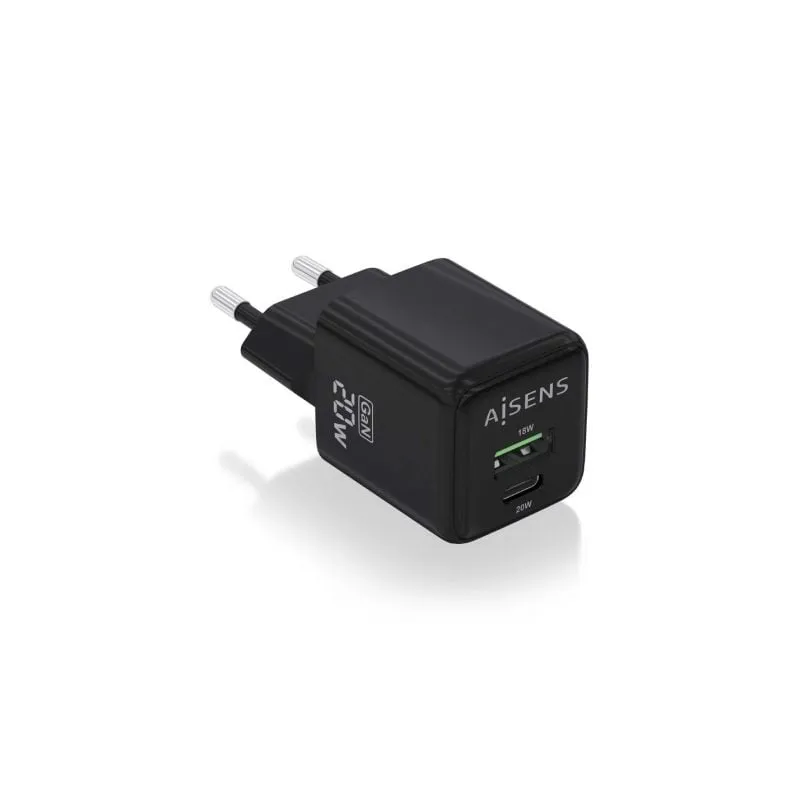 Cargador de Pared GaN Aisens ASCH-20W2P011-BK- 1xUSB Tipo-C- 1xUSB- 20W