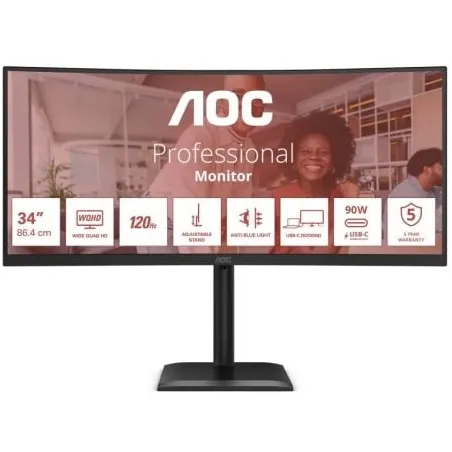 Monitor Profesional Ultrapanorámico Curvo AOC CU34E4CV 34"- WQHD- Multimedia- Regulable en altura- Negro