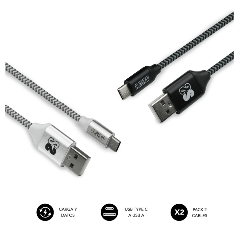 Cable USB 2-0 Subblim SUB-CAB-2TC001 Pack 2- USB Tipo-C Macho - USB Macho- 1m- Negro y Plata