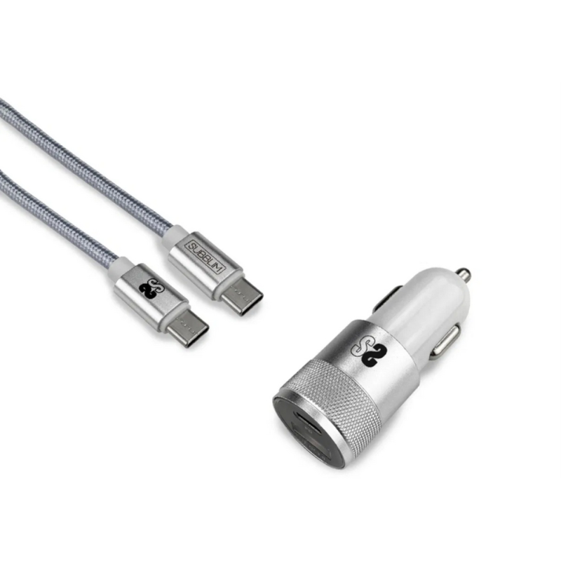 Cargador de Coche Subblim SUB-CHG-5CPD01- 2xUSB + Cable USB Tipo-C- 2-4A- Plata