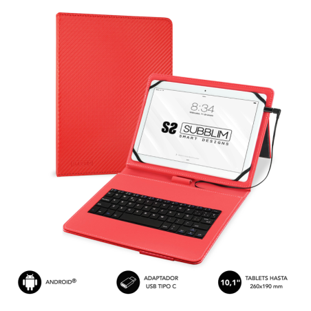Funda con Teclado Subblim Keytab Pro USB para Tablets de 10-1"- Roja