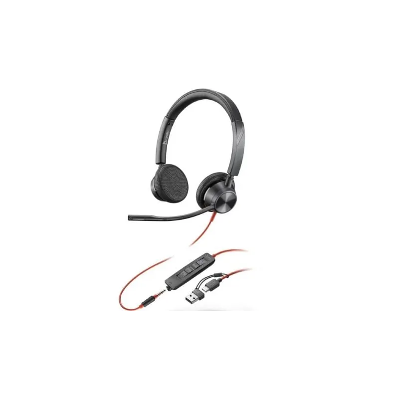 Auriculares Poly Blackwire 3225 para Microsoft Teams + 3-5 mm + Adaptador USB-C-A- con Micrófono- Jack 3-5 - USB Tipo-C- Negros