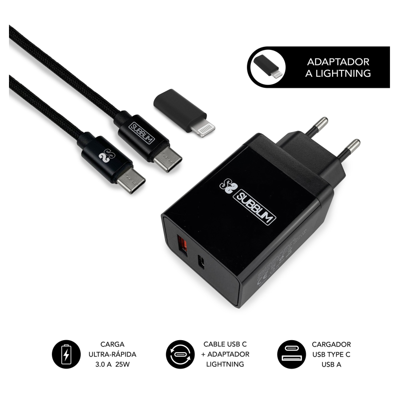 Cargador de Pared Subblim SUBCHG-3WPD11- 1xUSB Tipo-C- 1xUSB- Cable USB Tipo-C + Adaptador Lightning- 25W- Negro