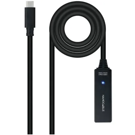 Cable Alargador USB Tipo-C 3-2 con Amplificador Nanocable 10-01-1311- USB Tipo-C Macho - USB Tipo-C Hembra- 5m- Negro