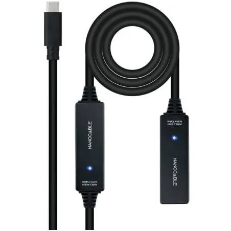 Cable Alargador USB Tipo-C 3-2 con Amplificador Nanocable 10-01-1312- USB Tipo-C Macho - USB Tipo-C Hembra- 10m- Negro