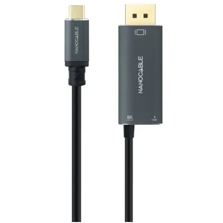 Cable Conversor Nanocable 10-15-5012- USB Tipo-C Macho - DisplayPort 8K Macho- USB Tipo-C Hembra- Hasta 100W- 1-8m- Gris