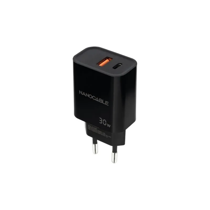 Cargador de Pared Nanocable 10-10-2012- 1xUSB- 1xUSB Tipo-C- 30W- Negro