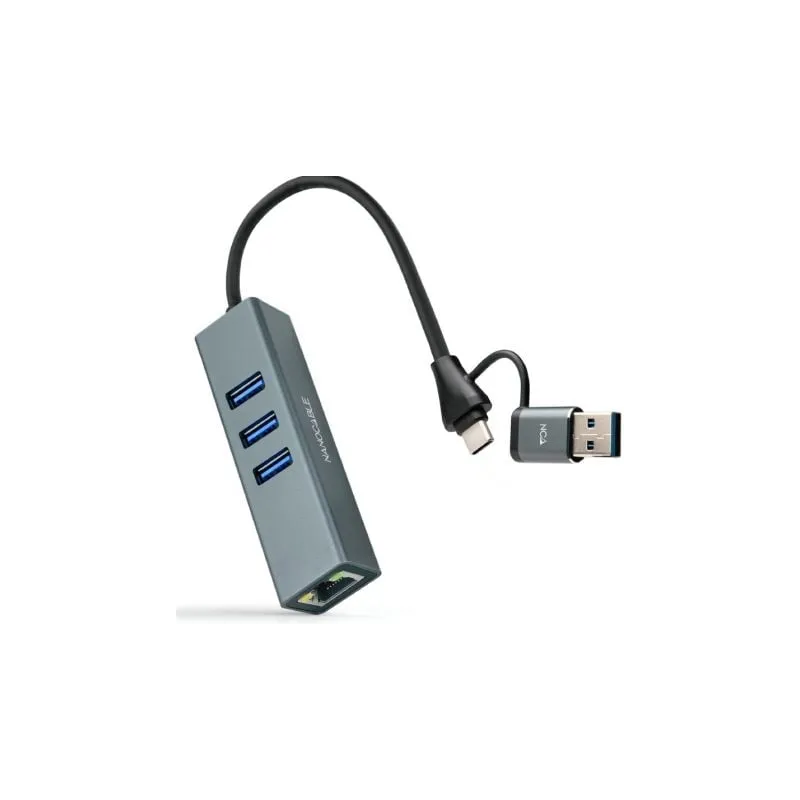 Hub USB + USB Tipo-C 3-0 Nanocable 10-03-0412- 3xUSB- 1xRJ45- Gris
