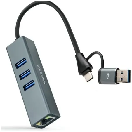 Hub USB + USB Tipo-C 3-0 Nanocable 10-03-0412- 3xUSB- 1xRJ45- Gris