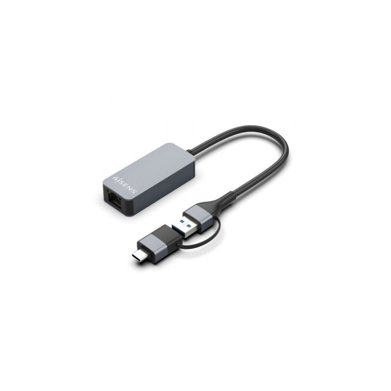 Adaptador USB 3-2 Gen1 Aisens A109-0710- USB Macho - USB Tipo-C Macho - RJ45 Hembra- 2500Mbps- 15cm- Gris