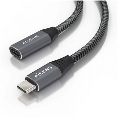 Cable Alargador USB 3-2 Aisens A107-0760- USB Tipo-C Macho - USB Tipo-C Hembra- Hasta 100W- 20Gbps- 50cm- Gris