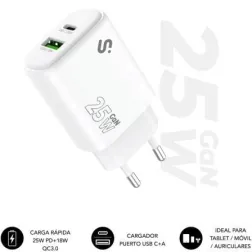Cargador de Pared GaN Subblim 25W Charger USB C+A- 1xUSB Tipo-C- 1xUSB- 25W