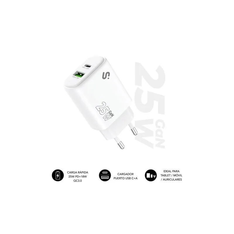 Cargador de Pared GaN Subblim 25W Charger USB C+A- 1xUSB Tipo-C- 1xUSB- 25W