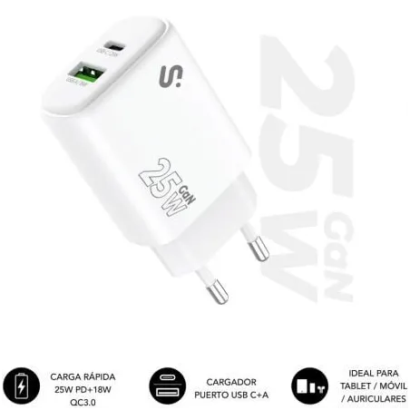Cargador de Pared GaN Subblim 25W Charger USB C+A- 1xUSB Tipo-C- 1xUSB- 25W