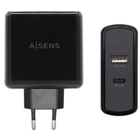 Cargador de Pared Aisens ASCH-2PD45A-BK- 1xUSB Tipo-C- 1x USB- 57W