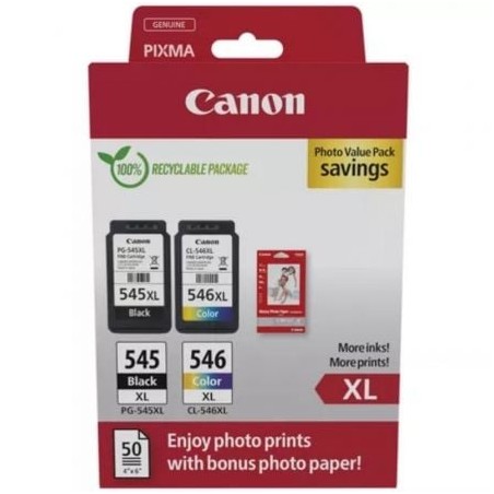 Cartucho de Tinta Original Canon PG-545XL + CL546XL Multipack Alta Capacidad- Negro- Tricolor + Papel Fotográfico