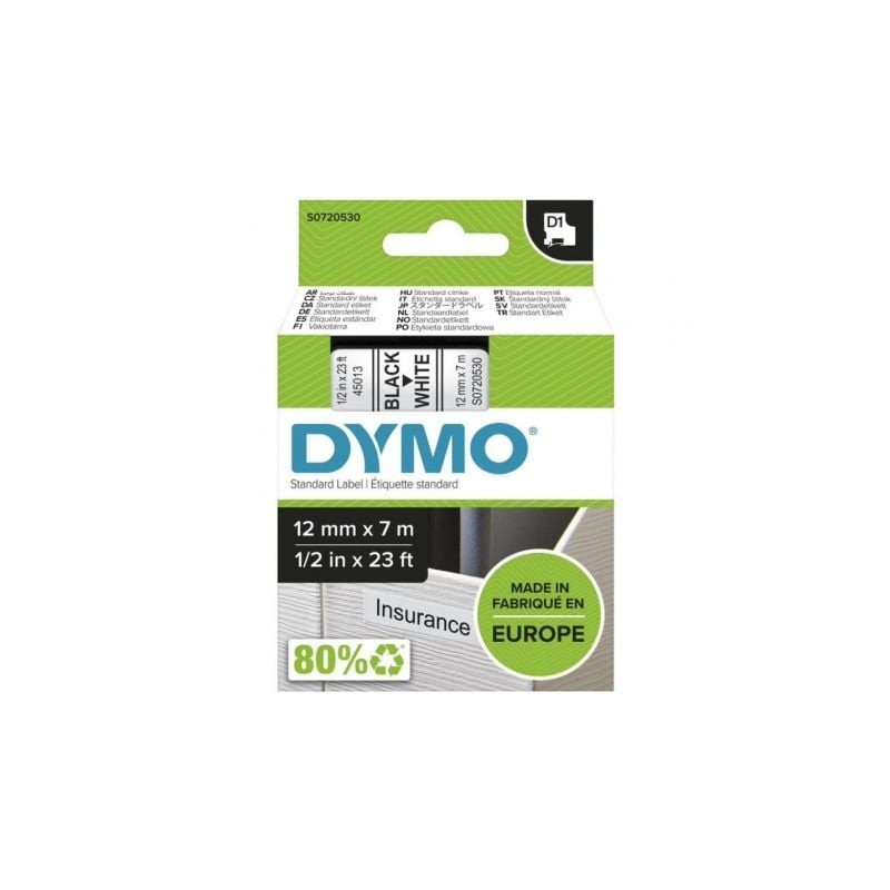 Cinta Rotuladora Adhesiva de Plástico Dymo D1 45013- para Label Manager- 12mm x 7m- Negra-Blanca