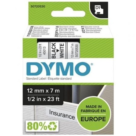 Cinta Rotuladora Adhesiva de Plástico Dymo D1 45013- para Label Manager- 12mm x 7m- Negra-Blanca