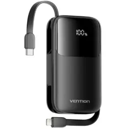 Powerbank 10000mAh Vention I11BA- 22-5W- Negra- Incluye Cable USB Tipo-C y Lightning