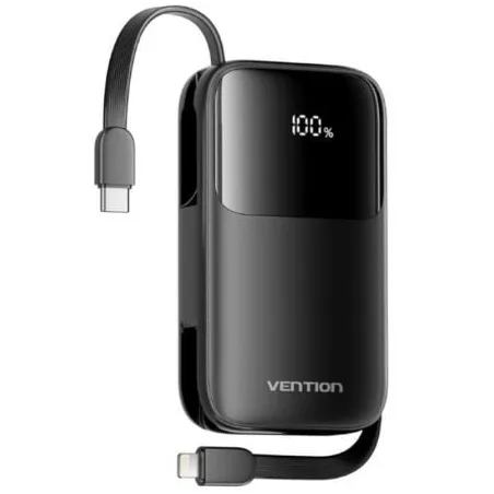 Powerbank 10000mAh Vention I11BA- 22-5W- Negra- Incluye Cable USB Tipo-C y Lightning