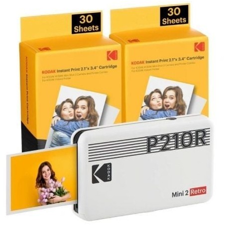 Impresora Portátil Fotográfica Kodak Mini 2 Retro- Tamaño Foto 53-3x86-3mm- Incluye 2x Papel Fotográfico- Blanco