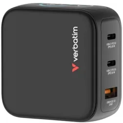 Cargador de Pared Universal GaN para Viaje Verbatim Mini GaN Charger Con Pantalla- 2xUSB Tipo-C- 1xUSB- 65W