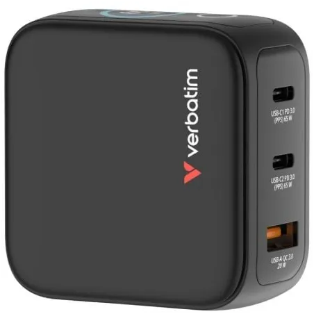 Cargador de Pared Universal GaN para Viaje Verbatim Mini GaN Charger Con Pantalla- 2xUSB Tipo-C- 1xUSB- 65W