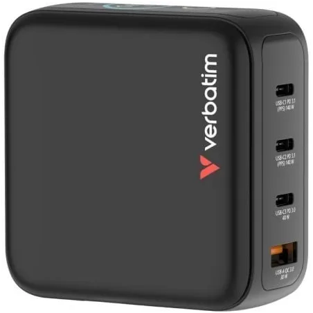 Cargador de Pared Universal GaN para Viaje Verbatim Mini GaN Charger Con Pantalla- 3xUSB Tipo-C- 1xUSB- 140W