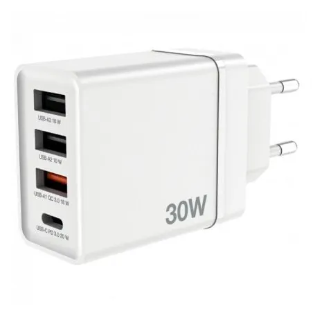 Cargador de Pared GaN Verbatim CHR-30EU2- 1xUSB Tipo-C- 3xUSB- 30W