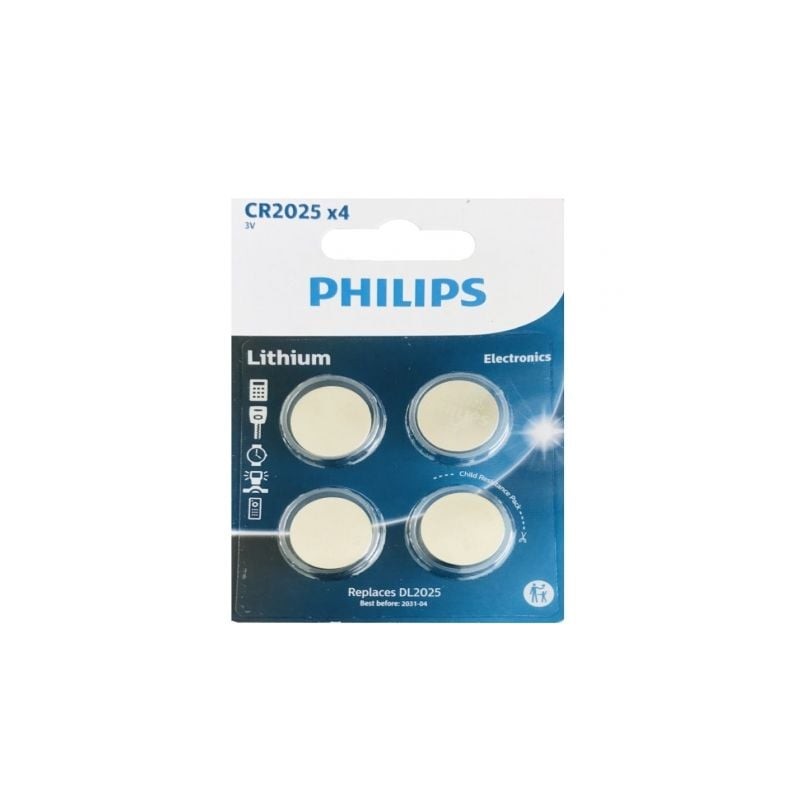 Pack de 4 Pilas de Botón Philips CR2025 Lithium- 3V