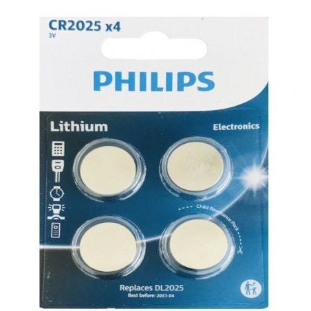 Pack de 4 Pilas de Botón Philips CR2025 Lithium- 3V