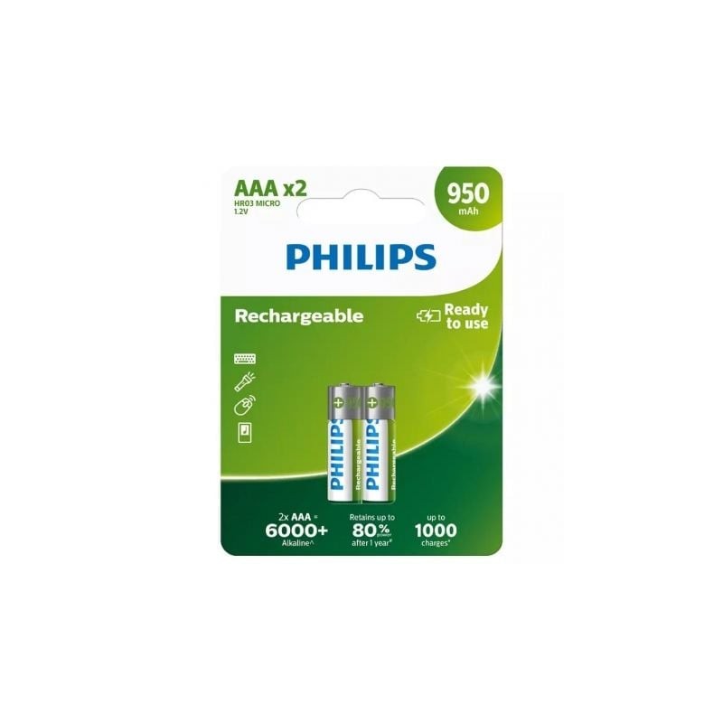 Pack de 2 Pilas AAA Philips R03B2A95-10- 1-2V- Recargables