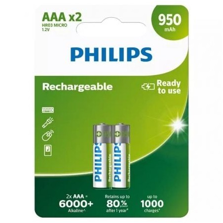 Pack de 2 Pilas AAA Philips R03B2A95-10- 1-2V- Recargables