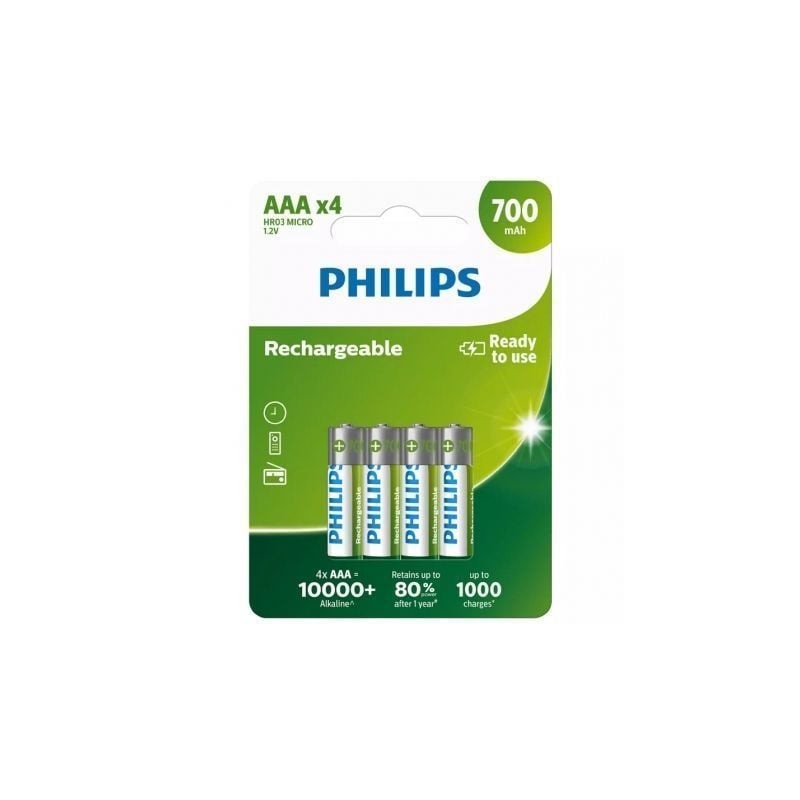 Pack de 4 Pilas AAA Philips R03B4A70-10- 1-2V- Recargables