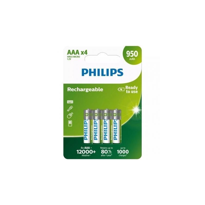 Pack de 4 Pilas AAA Philips R03B4A95-10- 1-2V- Recargables