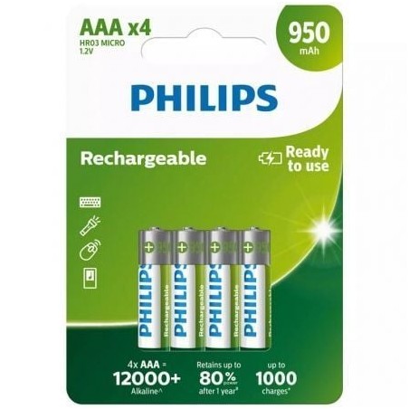 Pack de 4 Pilas AAA Philips R03B4A95-10- 1-2V- Recargables
