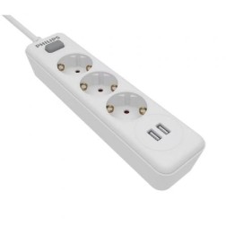 Regleta con Interruptor Philips SPN3032WA-10- 3 Tomas de corriente- 2 USB- Cable 2m- Blanca