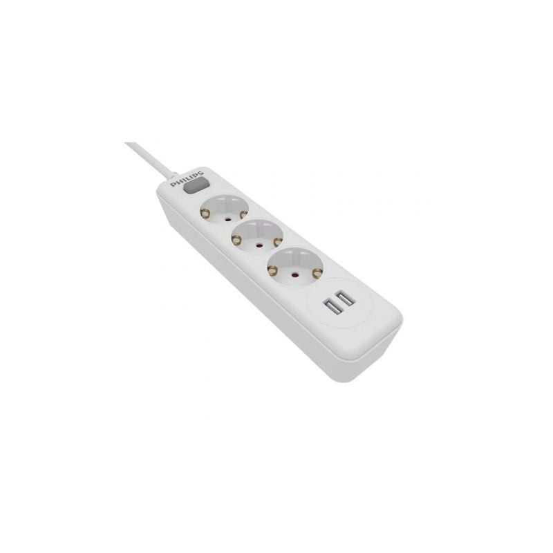 Regleta con Interruptor Philips SPN3032WA-10- 3 Tomas de corriente- 2 USB- Cable 2m- Blanca