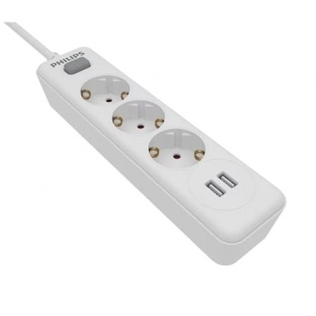 Regleta con Interruptor Philips SPN3032WA-10- 3 Tomas de corriente- 2 USB- Cable 2m- Blanca