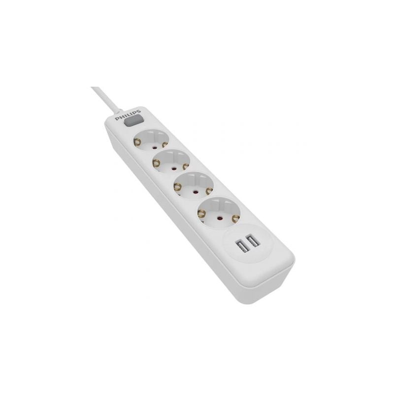 Regleta con Interruptor Philips SPN3042WA-10- 4 Tomas de Corriente- 2 USB- Cable 2m- Blanco