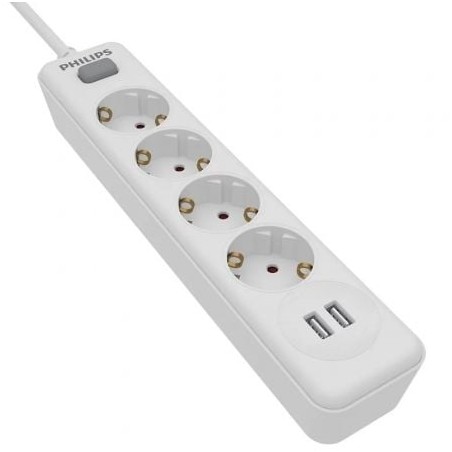 Regleta con Interruptor Philips SPN3042WA-10- 4 Tomas de Corriente- 2 USB- Cable 2m- Blanco