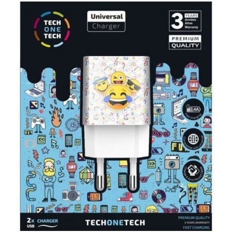 Cargador de Pared Tech One Tech Emojitech Smile TEC2502- 2xUSB- 2-4A- Blanco