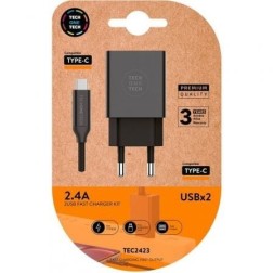 Cargador de Pared Tech One Tech TEC2423- 2xUSB + Cable USB Tipo-C- 2-4A- Negro