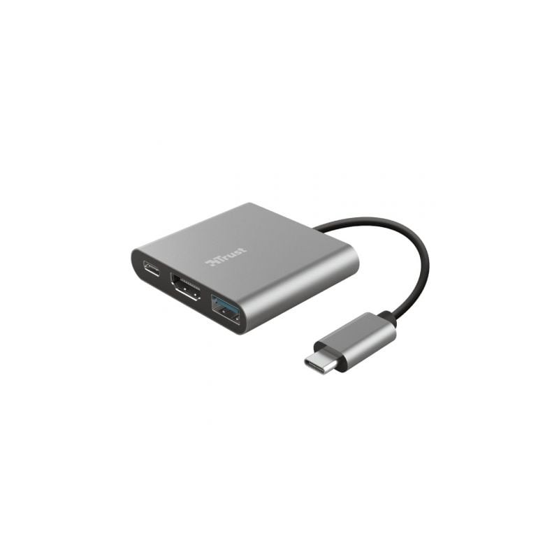 Conversor Trust Dalyx 3 IN 1- USB Tipo-C Macho - HDMI Hembra- USB- USB Tipo-C PD- 10cm- Gris