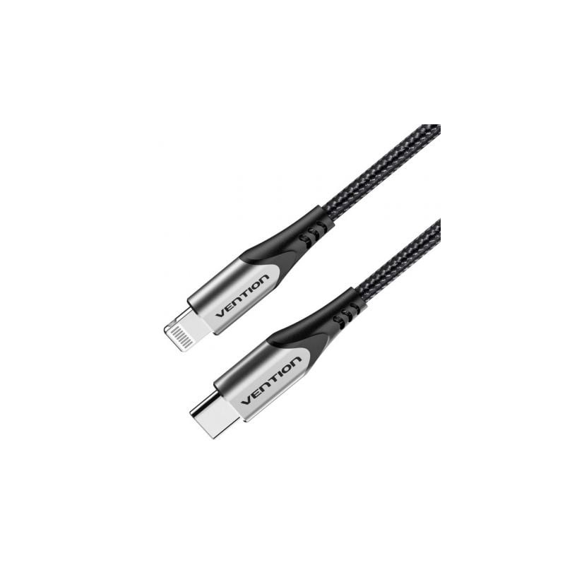 Cable USB 2-0 Tipo-C Lightning Vention TACHH- USB Tipo-C Macho - Lightning Macho- Hasta 27W- 480Mbps- 2m- Gris y Negro