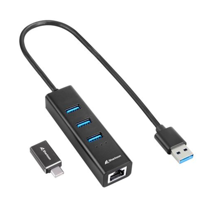 HUB USB SHARKOON 3X3-2 GEN 1 + RJ45 ALUMINIO NEGRO