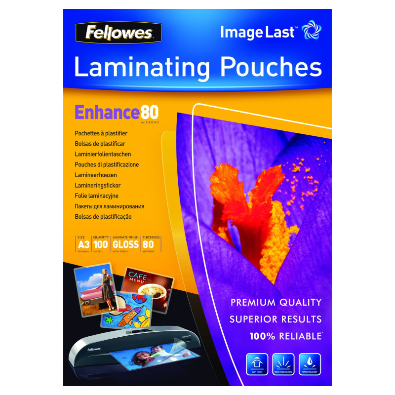 PACK 100 FUNDAS PLASTIFICAR FELLOWES 80 MICRAS BRILLO A3